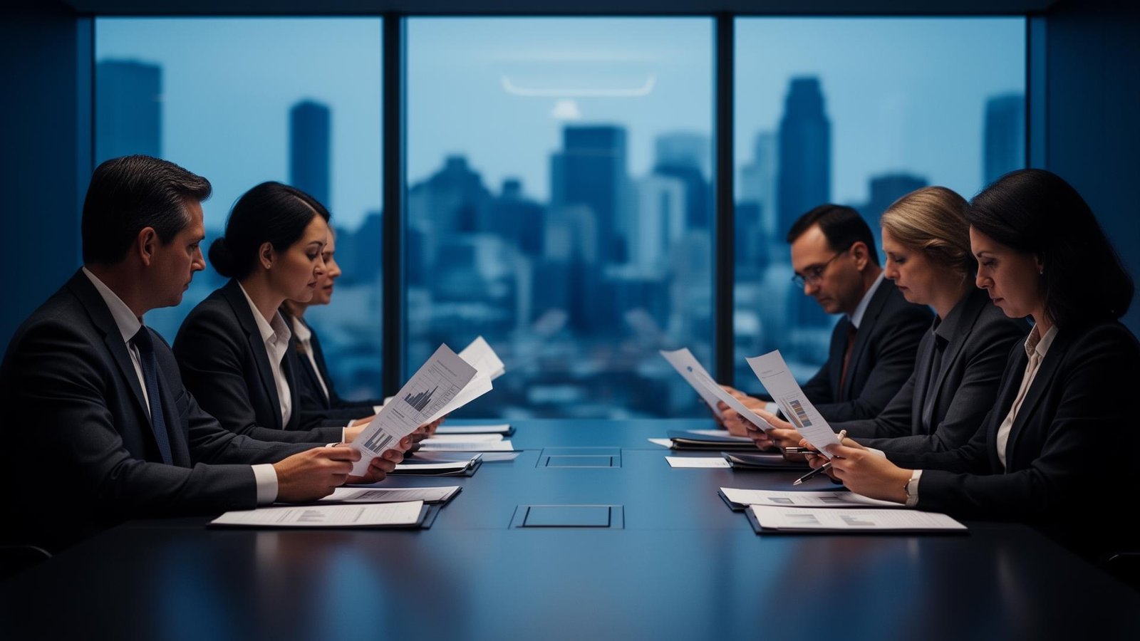 Reunião corporativa de diretoria revisando documentos de conformidade